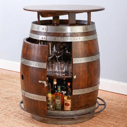 Wine Barrel Storage Table – Rustic Barrel-Style Table with Hidden Storage for Living Room, Kitchen, or Bar