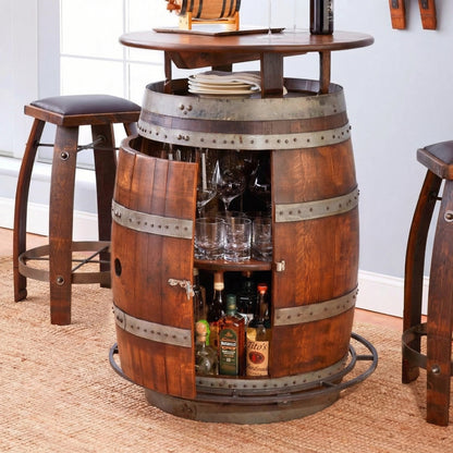 Wine Barrel Storage Table – Rustic Barrel-Style Table with Hidden Storage for Living Room, Kitchen, or Bar