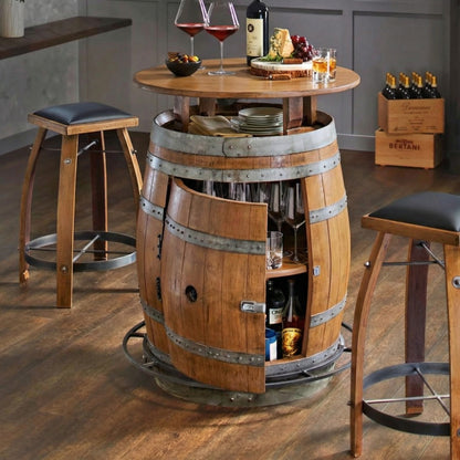 Wine Barrel Storage Table – Rustic Barrel-Style Table with Hidden Storage for Living Room, Kitchen, or Bar