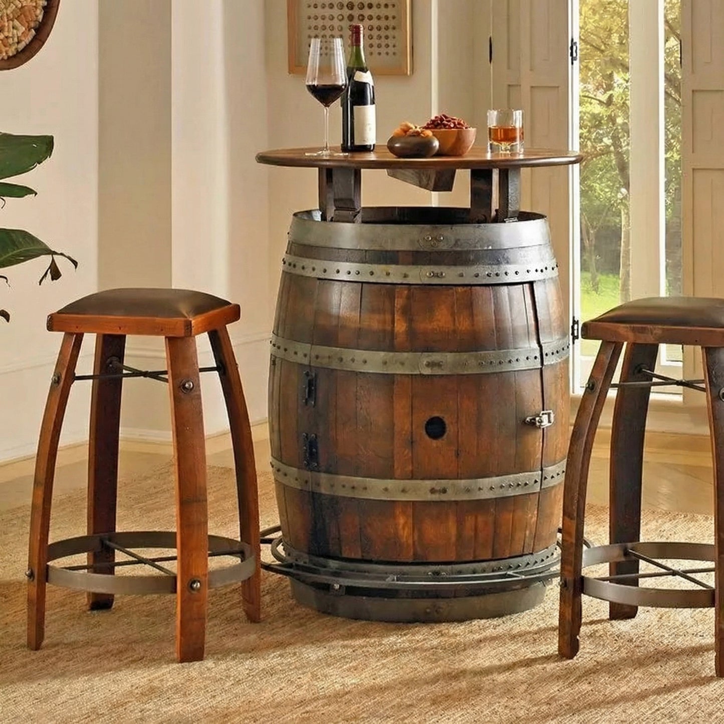 Wine Barrel Storage Table – Rustic Barrel-Style Table with Hidden Storage for Living Room, Kitchen, or Bar